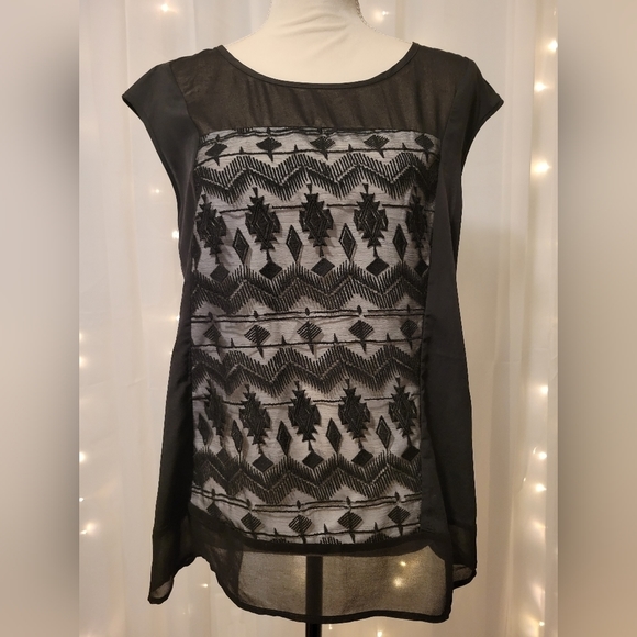 Daniel Rainn Tops - Daniel Rainn Black Sheer Sleeveless Top with Geometric Embroidry size M (Petite)